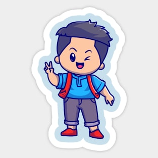 Cute Boy With Peace Sign Cartoon Sticker